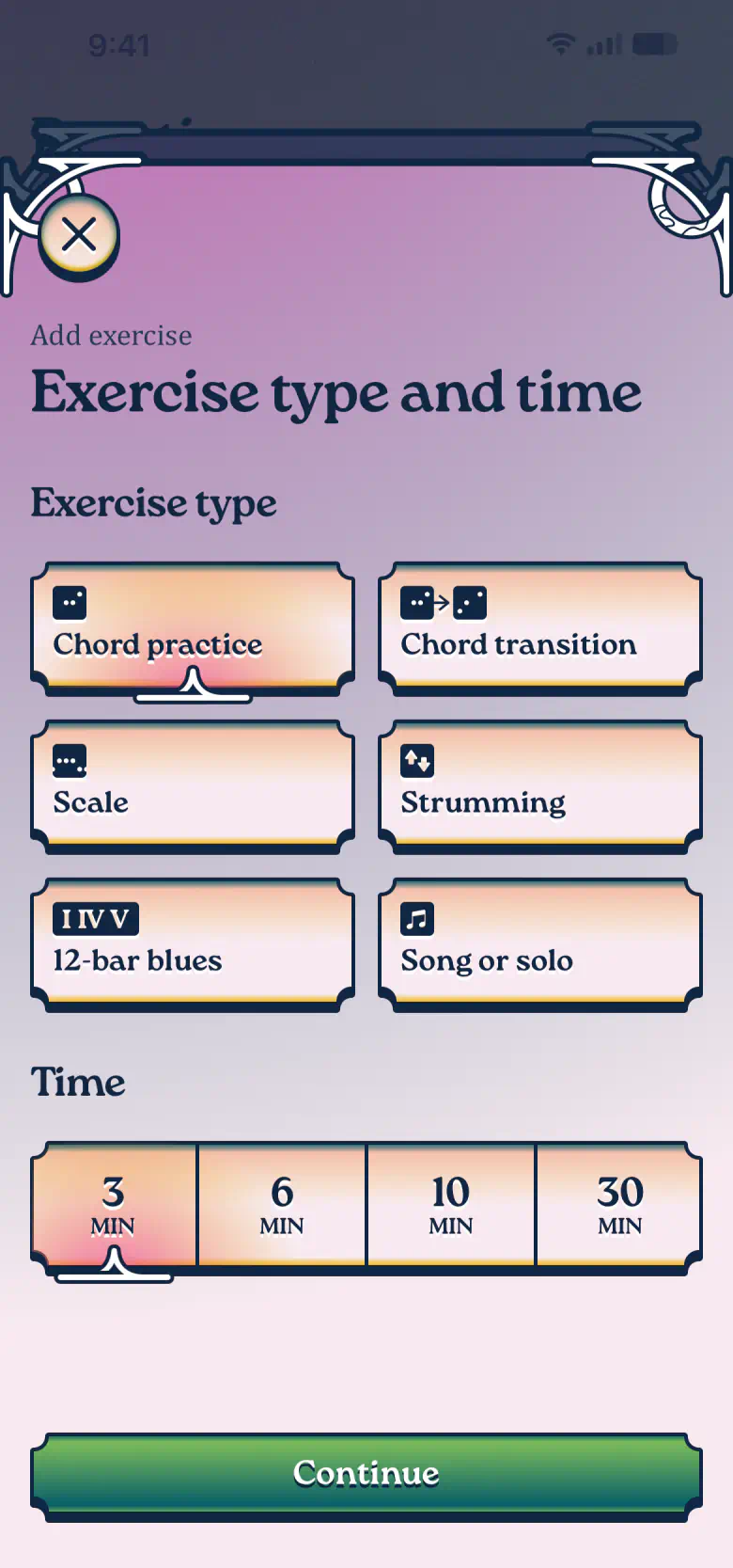 Exercise type and time selector with Chord practice and 3 minutes picked