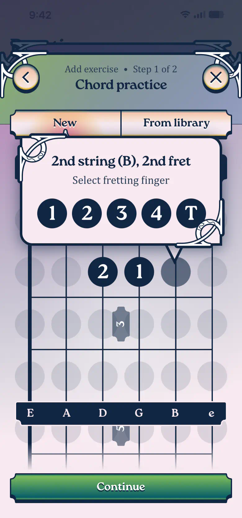 Chord editor with the A major shape nearly complete and the finger picker open