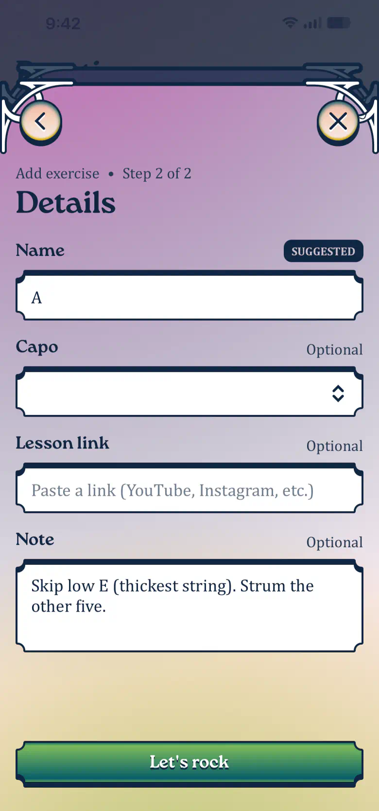 Exercise details with the name A filled in and a note