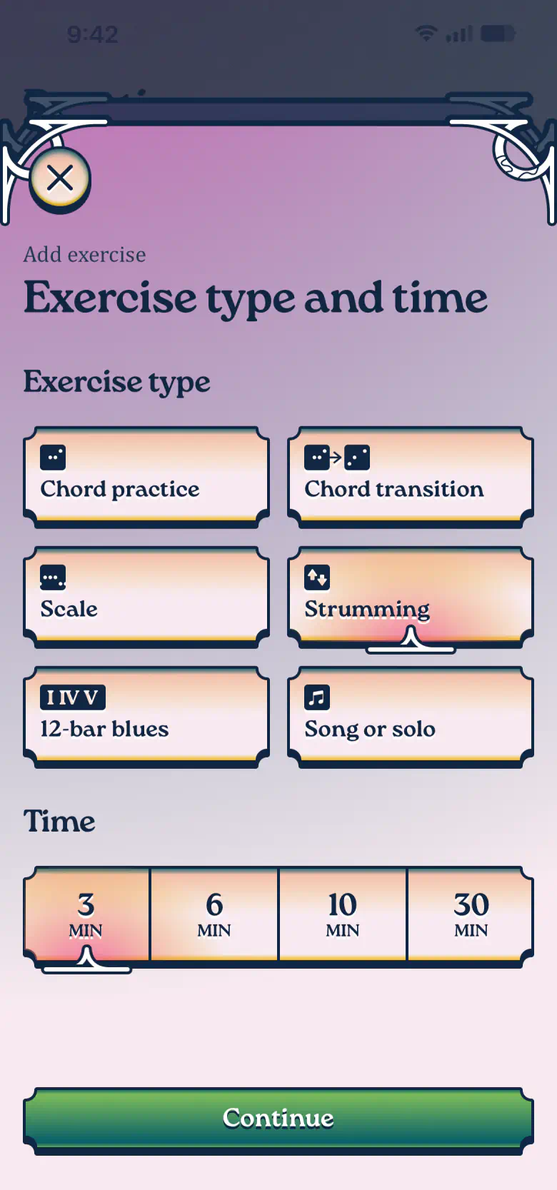 Exercise type and time selector with Strumming and 3 minutes picked