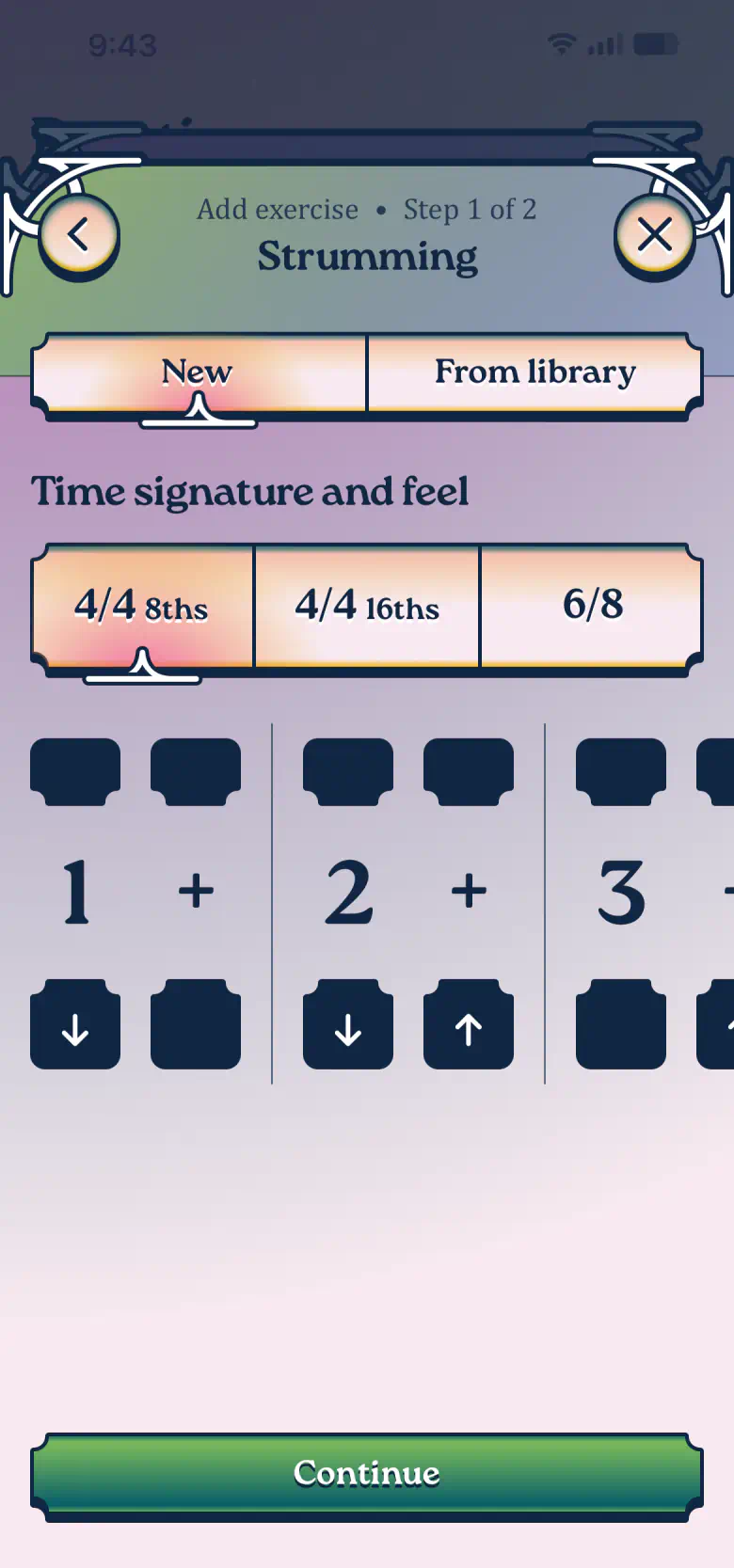 Strumming editor with a simple pattern filled in