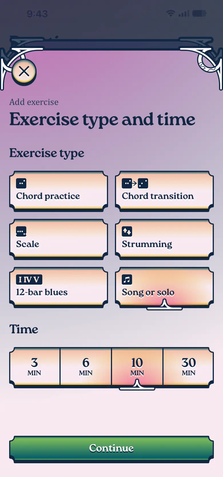 Exercise type and time selector with Song or solo and 10 minutes picked