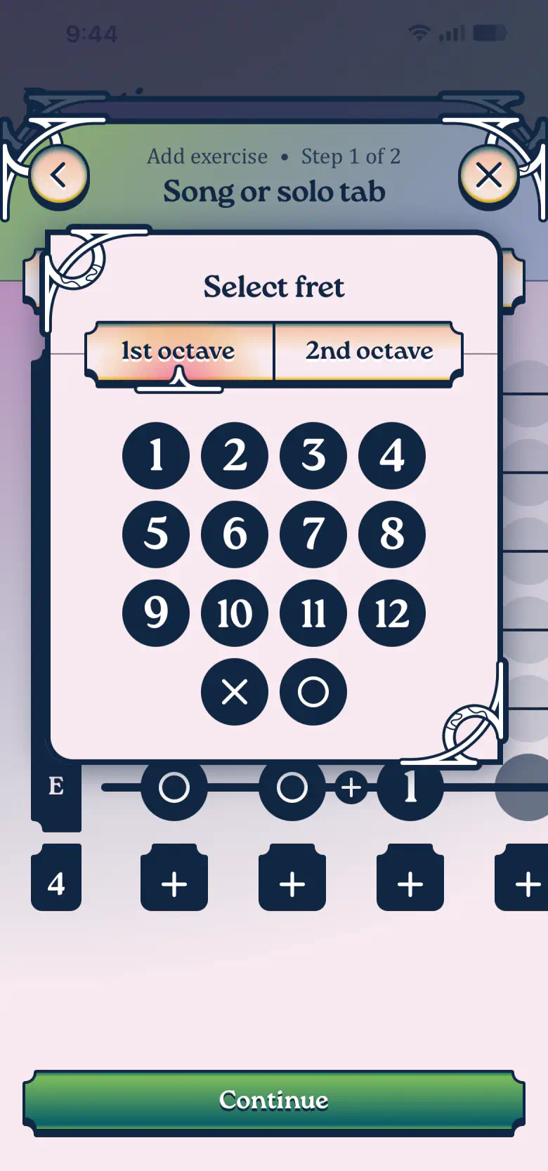 Tab editor with the first notes of the riff and the fret picker open