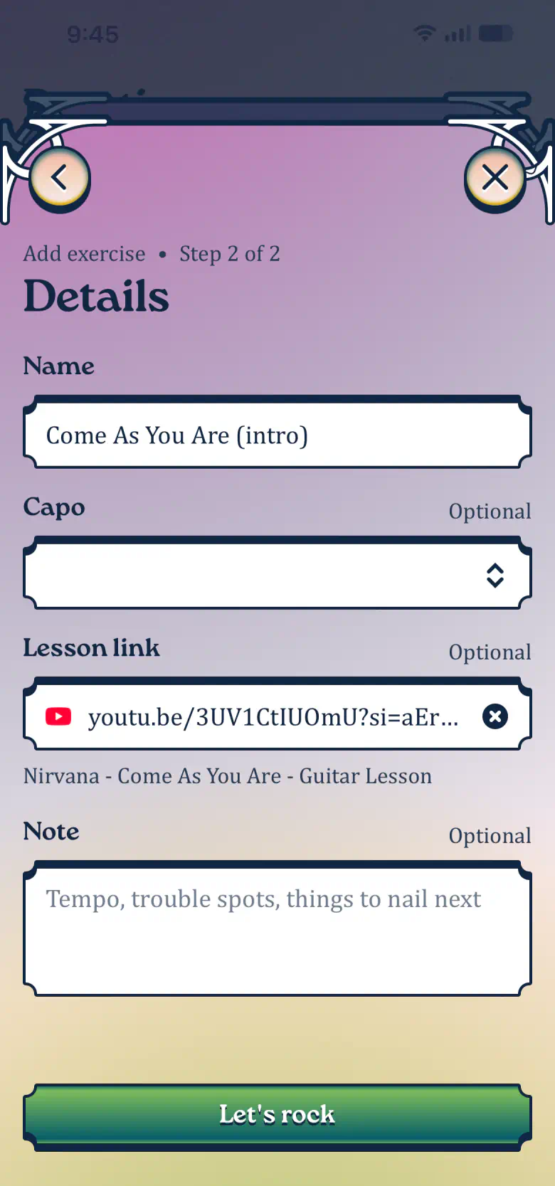 Exercise details with the song name typed in and a YouTube lesson linked