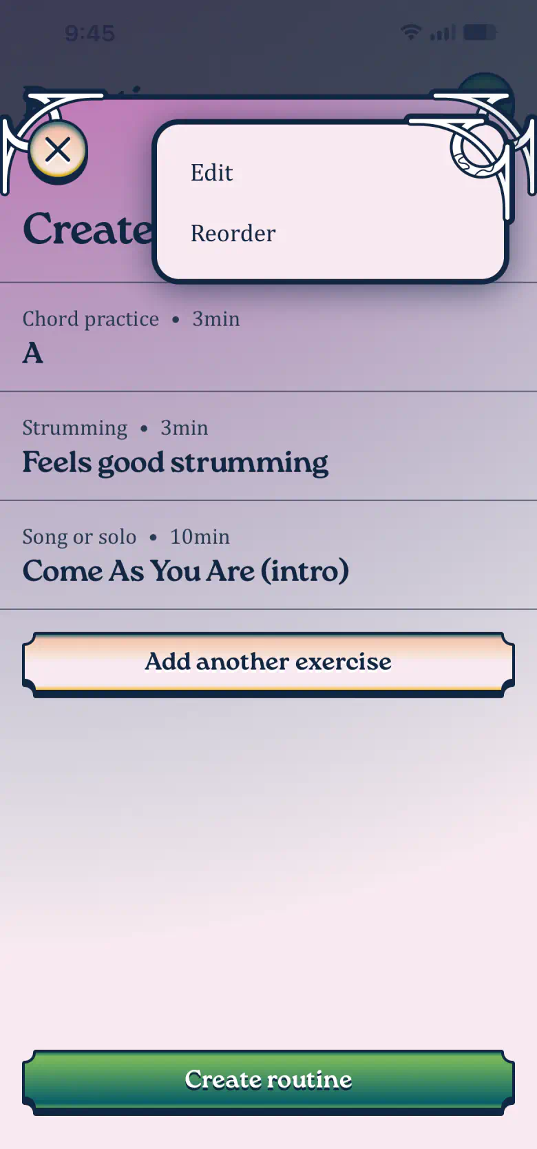 Create your routine sheet with all three exercises and the More options menu open