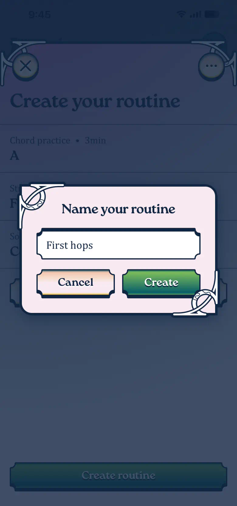 Routine name dialog with First hops typed in