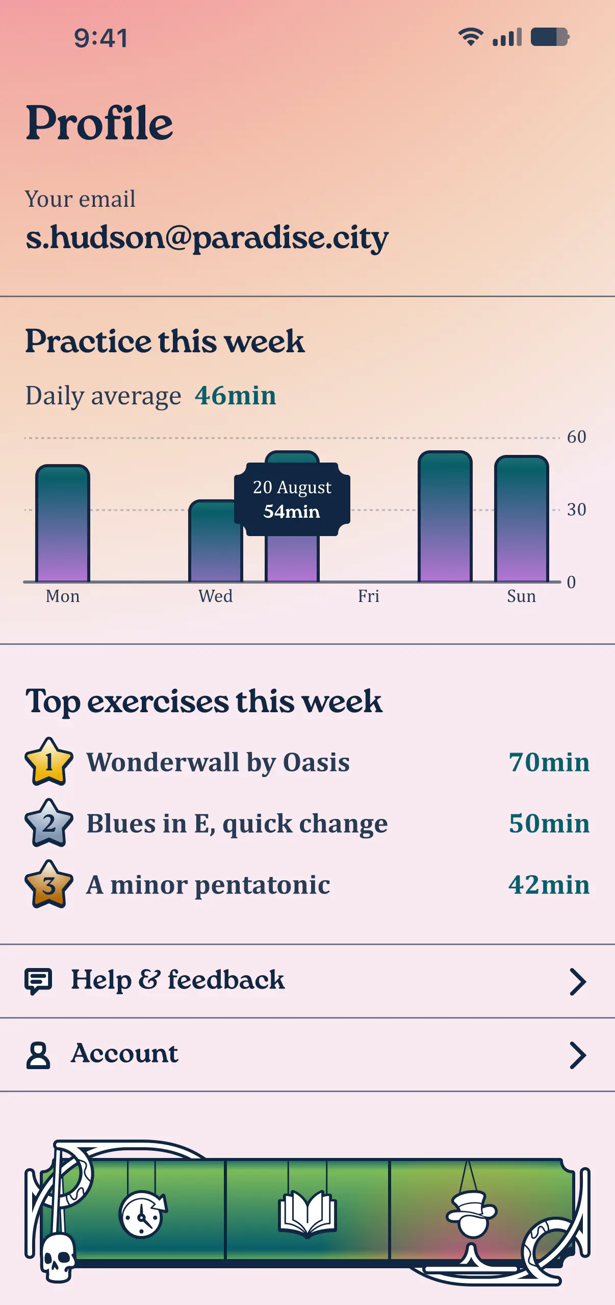 Profile screen with weekly practice stats